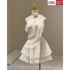 LORIS – Cira Dress One-Shoulder Layered Ruffle Dress with Waist Tie – Elegant & Feminine in Soft Beige