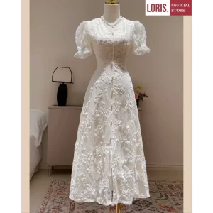 Long Lace V-Neck Dress with Short Sleeves – Graceful & Feminine