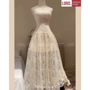 LORIS – Havana Dress Spaghetti-Strap Cream Lace Maxi – Effortlessly Elegant