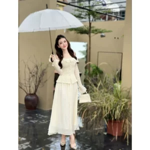 LORIS – Omina Set: Off-Shoulder Lace Top with Long Sleeves & Matching Skirt – Chic and Feminine Ensemble